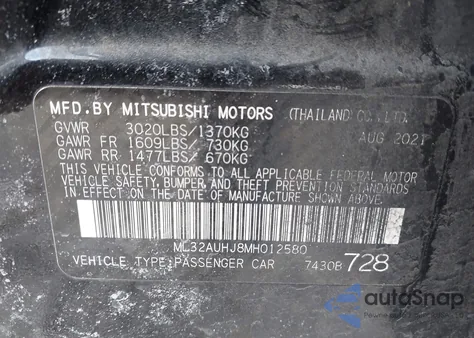 2021 Mitsubishi Mirage Carbonite Edition/Es/Le from USA, damaged, VIN ML32AUHJ8MH012580